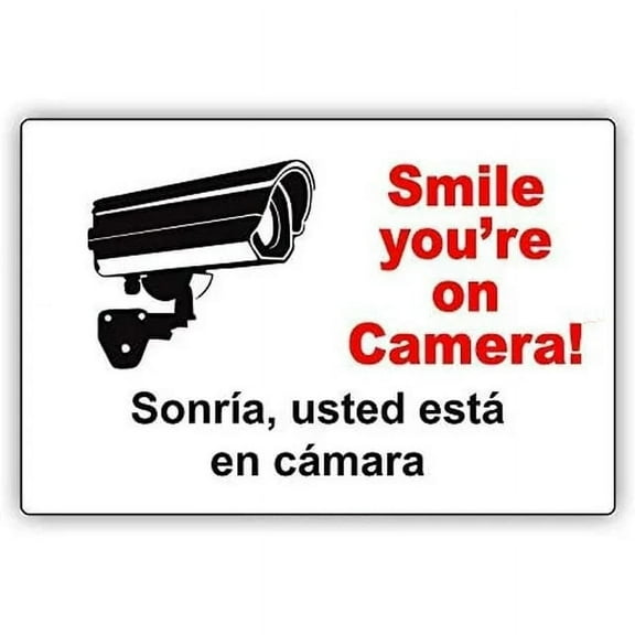 Warning Sign Smile You're On Our Camera Video Security CCTV Warning Notice Recording Spanish and English Sign Business Sign 12X8 Inches Aluminum Metal Tin Sign