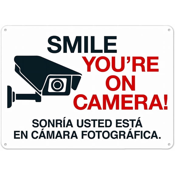 Warning Sign Smile! You're on Camera Bilingual - 8"x12" Metal Safety Sign for Commercial Properties, Public Spaces