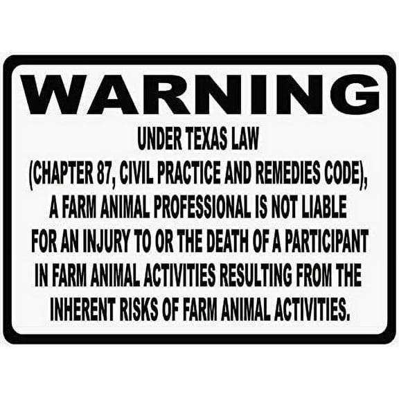 Warning Sign Texas Equine Liability Law Sign. § 87.005 Inform Patrons at Your Horse Riding Facility of Your Company's Rules. Sign Business Sign 12X8 Inches Aluminum Metal Tin Sign