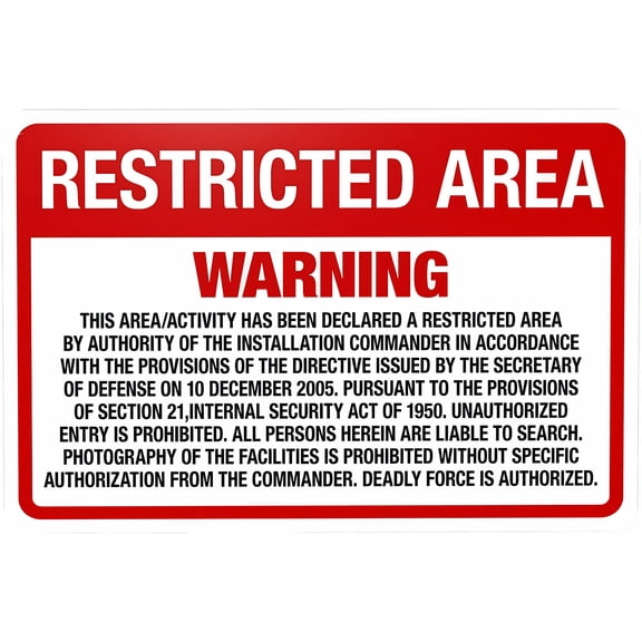 Warning Sign This Area Declared Restricted by Authority - 12×8 Inches, Security Metal, Business Office Road Street Home Wall Safety Decor
