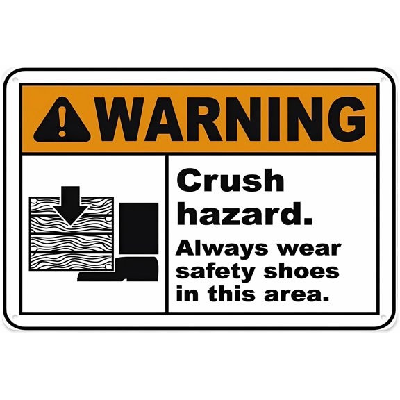 Warning Sign - Warning Crush Hazard Always Wear Safety Shoes, 8"x12" Retro Vintage Metal Sign, for Home, Road, Garage, Highway, Wall Decor