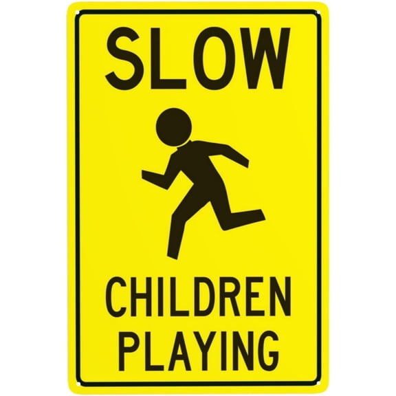 Warning Slow Children Playing with Pictures Metal Sign 8"x12", Security Safety Vintage Caution Decor, For Business Office Home Street Road Indoor Outdoor Child Safety