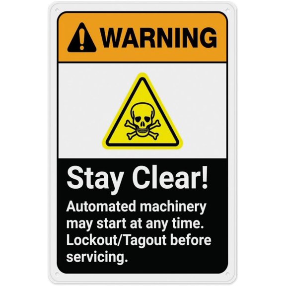 Warning Stay Clear Automated Machinery May Start Any Time Sign 8"x12", Rustic Metal Tin Sign Home Outdoor Art Wall Decoration for Cafe Bar Kitchen, Indoor Outdoor Use