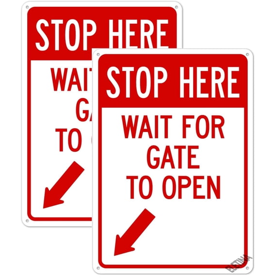 Warning Stop Here Wait for Gate to Open (with left Bottom Arrow) Sign Busines Signs 12X8 Inches Aluminum Metal Tin Signs 2 Pack