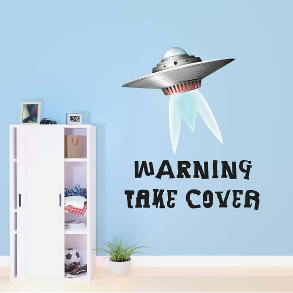 Warning Takeover Aliens Spaceships Mars Planets Outer Space Science Fiction Stranger Teddy Bear Dino Dinosaurs Tractor Trucks Airplane Holiday Decorating Ideas Wall Decal Sticker - Size: 24 In X 30 In