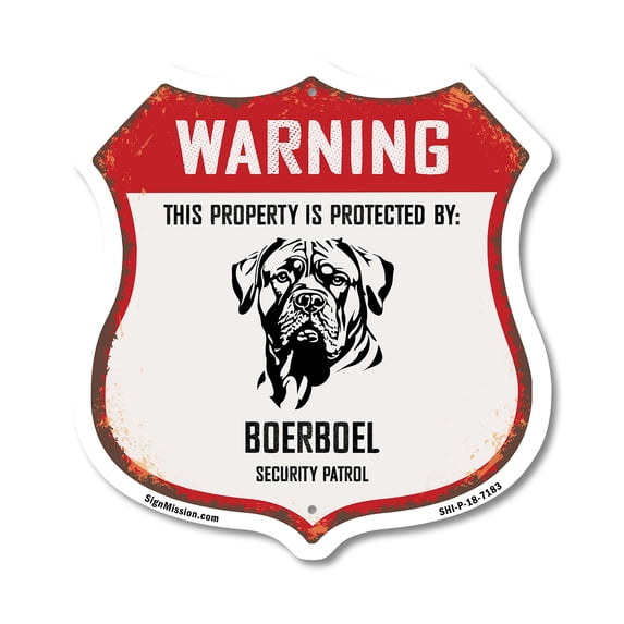 Warning This Property is Protected by Boerboel 12 inch X 12 inch Shield Shaped Commercial Grade Plastic Sign Weather Resistant Made in the USA