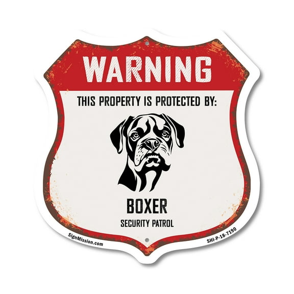 Warning This Property is Protected by Boxer 12 inch X 12 inch Shield-Shaped Rust-Free Aluminum Metal Sign Weather Resistant Made in the USA