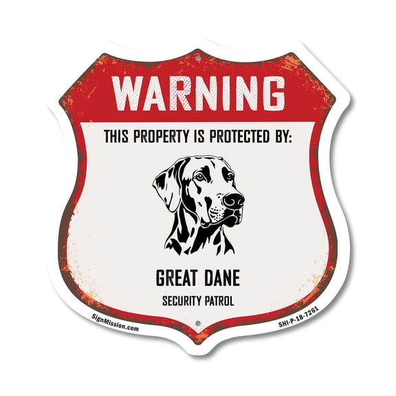 Warning This Property is Protected by Great Dane 12 inch X 12 inch Shield-Shaped Rust-Free Aluminum Metal Sign Weather Resistant Made in the USA