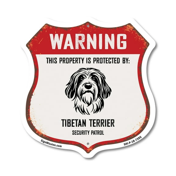 Warning This Property is Protected by Tibetan Terrier 12 inch X 12 inch Shield-Shaped Rust-Free Aluminum Metal Sign Weather Resistant Made in the USA