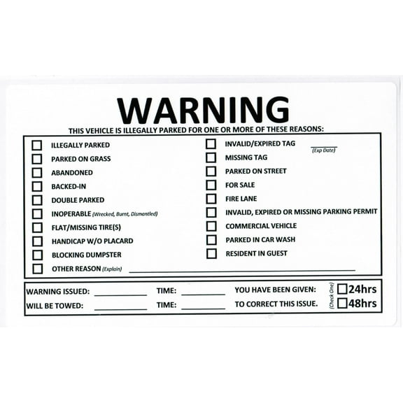 Warning, This Vehicle is Illegally Parked for Following Reason(S):, 8" X 5" Stickers, Removable Adhesive - Pack of 50 Stickers