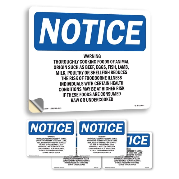 Warning Thoroughly Cooking Foods Of Animal OSHA Notice Vinyl Decal Label 10 Inch x 7 Inch - 5 Pack
