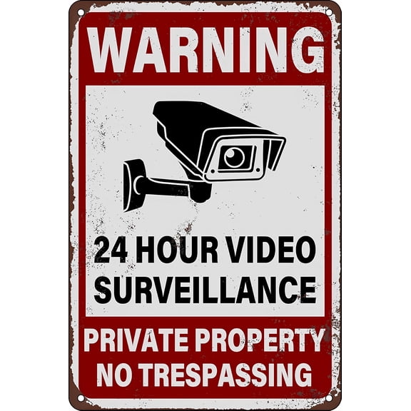 Warning No Trespassing 24 Hour Video Surveillance Metal Tin Sign - 8"x12", Security Camera Decor for Home, Front Door, Yard, Outdoor/Indoor, Business, Farm
