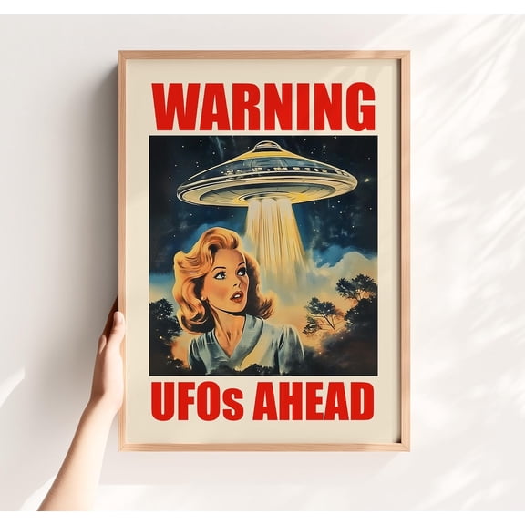 Warning UFOs Ahead Alien Abduction Sci-Fi Wall Decoration, Unframed Paper Poster 8x10in
