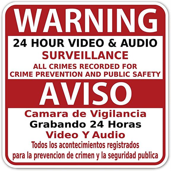 Warning Video and Audio Surveillance with Spanish Translation Aviso Vinyl Decal Bumper Sticker 6 X 6