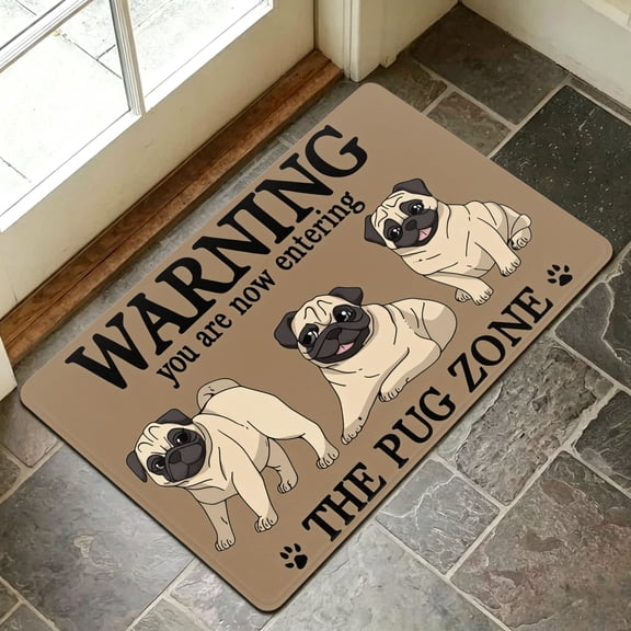 Warning You Are Now Entering The Pug Zone Three Cartoon Pug Dogs Paw Print Tan Background Flannel Doormat, 24"x36" Oversized Non-Slip Absorbent Floor Rug