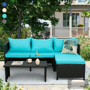Waroom 3 Pieces Patio Conversation Sets Outdoor Wicker Furniture Chairs Loveseat Sofa,Turquoise,Powder Coated Steel