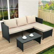 Waroom 3 Pieces Patio Conversation Sets Outdoor Wicker Furniture with Coffee Table,Khaki, Powder Coated Steel