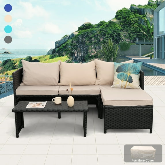 Waroom 3 Pieces Patio Conversation Sets Outdoor Wicker Furniture with Coffee Table,Khaki, Powder Coated Steel