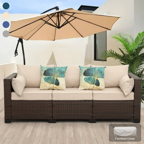 Waroom 3-Seat Patio Wicker Couch Outdoor Rattan Sofa Furniture Steel Frame High Back No-Slip Cushioned Furniture Cover, Khaki