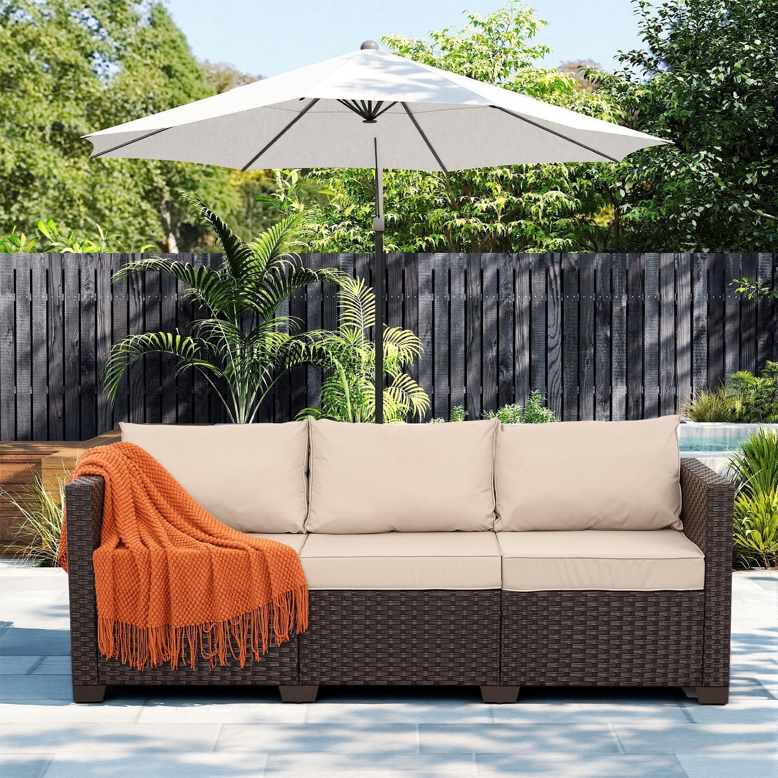Waroom 3-Seat Patio Wicker Couch Outdoor Rattan Sofa Furniture Steel Frame High Back No-Slip Cushioned Furniture Cover, Khaki
