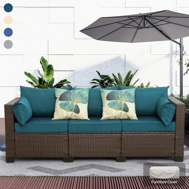 Waroom 3-Seat Patio Wicker Couch Outdoor Rattan Sofa Furniture Steel Frame with High Back, Peacock Blue