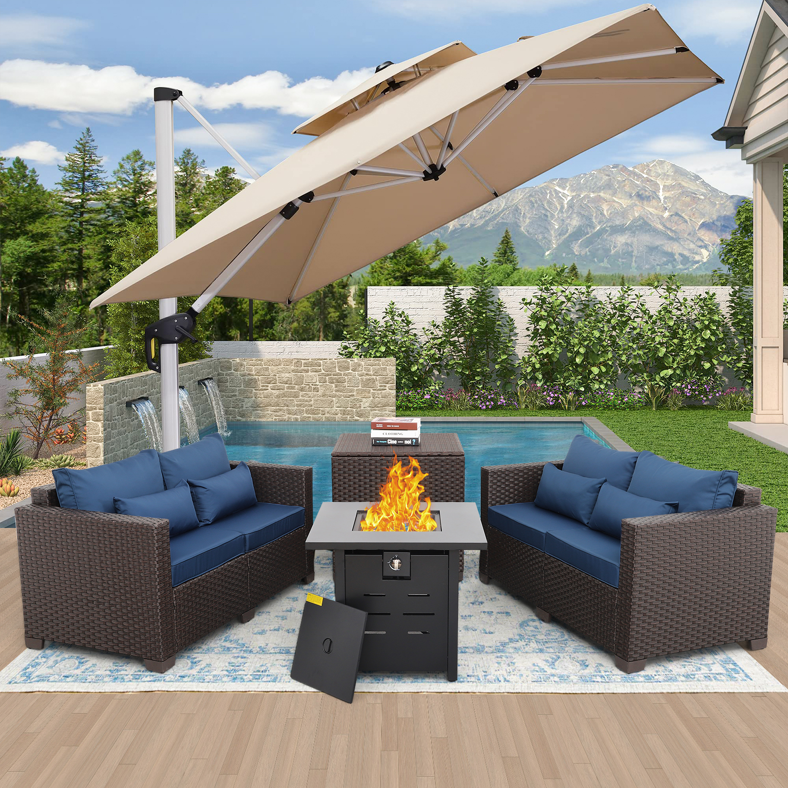 Waroom 4Piece Outdoor Wicker Furniture Set Patio Double Sofa Loveseat