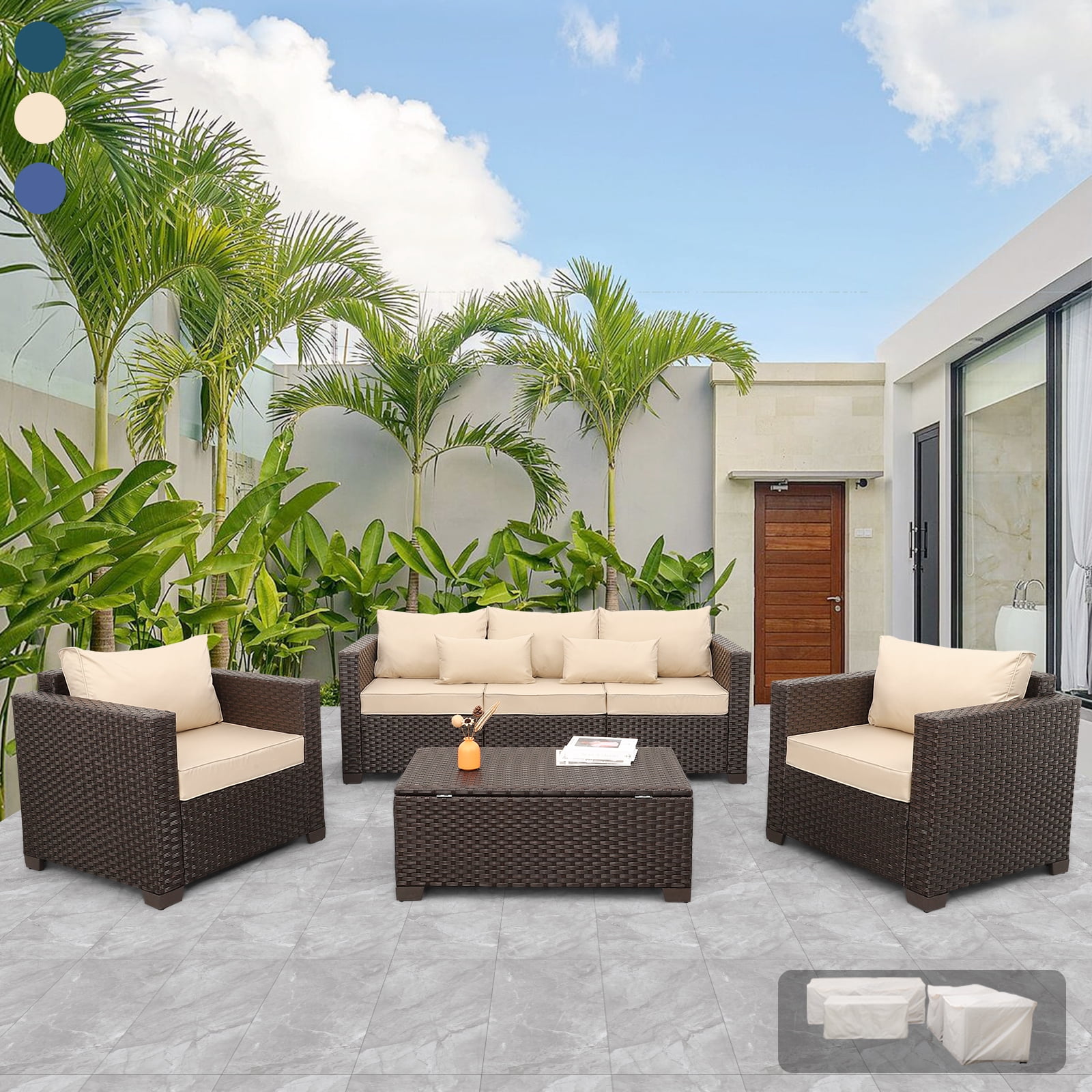 Waroom 4 Pieces Outdoor Furniture Set PE Wicker Patio Conversation Sofa