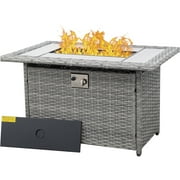 Waroom 42" Propane Fire Pit Table with Lid, 50000 BTU Outdoor Gas Firepit Table for Patio with Glass Beads & Waterproof Cover, All-Weather Wicker