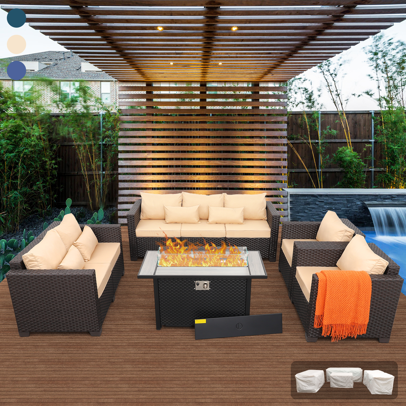 Waroom 5 Pieces Outdoor Conversation Fire Pit Set Patio Furniture Couch