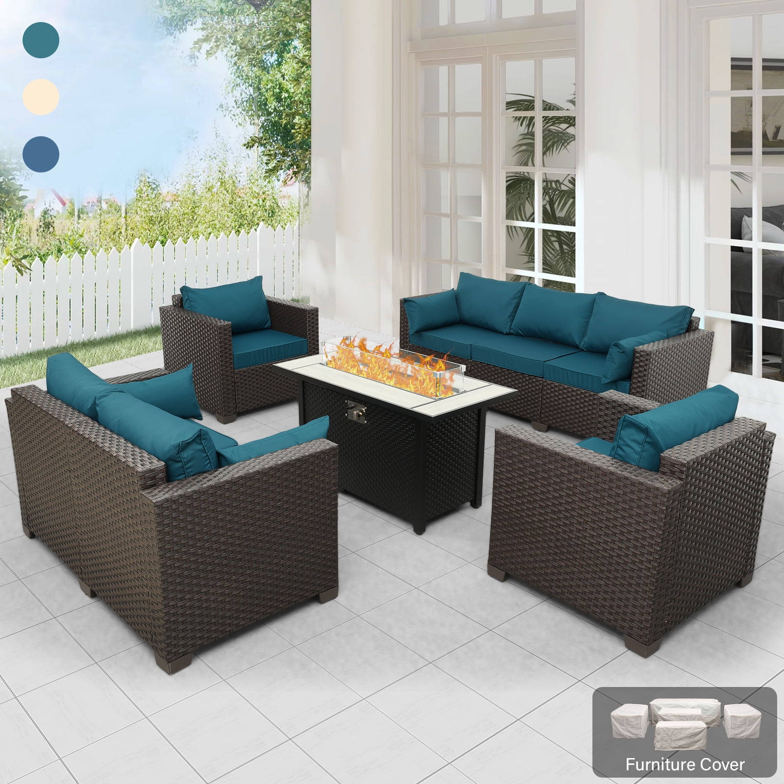 Waroom 5pcs Outdoor Sofa Set with Fire Pit Table, 50000BTU Patio Furniture Set, Peacock Blue ...