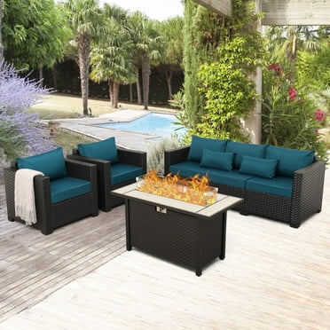 Waroom 4pcs Outdoor Conversation Set Patio Furniture Set with Fire Pit 50000BTU(Seats 5), Black/Peacock Blue