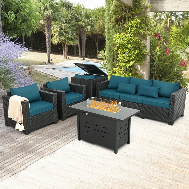 Waroom 5pcs Outdoor Conversation Set Patio Furniture Set with Fire Pit 50000BTU and Storage Box Seats 5 Black Peacock Blue