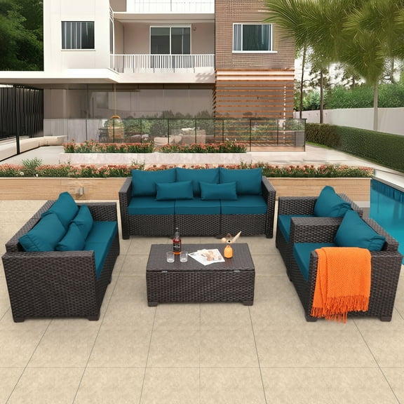 Waroom 5pcs Outdoor Conversation Set Patio Wicker Furniture Set Couch Chairs with Storage Table, Peacock Blue