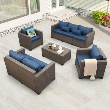 Waroom 5pcs Patio Furniture Set PE Wicker Outdoor Conversation Sofa Chairs Set with Storage Coffee Table, Navy Blue