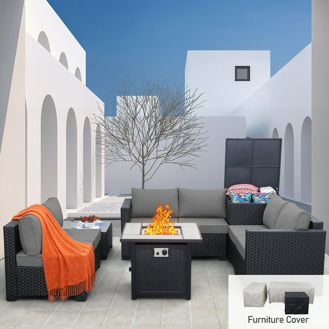 Waroom 7pcs Outdoor Furniture Set with Fire Pit Table 50000 BTU with