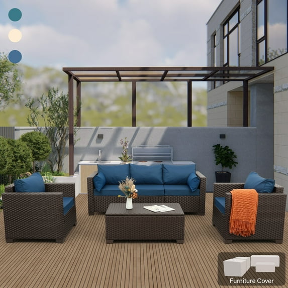 Waroom Outdoor Conversation Set 4-Piece Patio Furniture Sofa Set with Storage Box, Brown Wicker Navy Blue Cushions