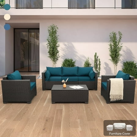 Waroom Outdoor Conversation Set 4-Piece Wicker Patio Furniture Set Couch Single Chairs with Storage Coffee Table, Peacock Blue