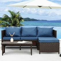 Waroom Outdoor Furniture Set 3 Pieces Conversation Chairs and Coffee Table, Navy Blue Cushions