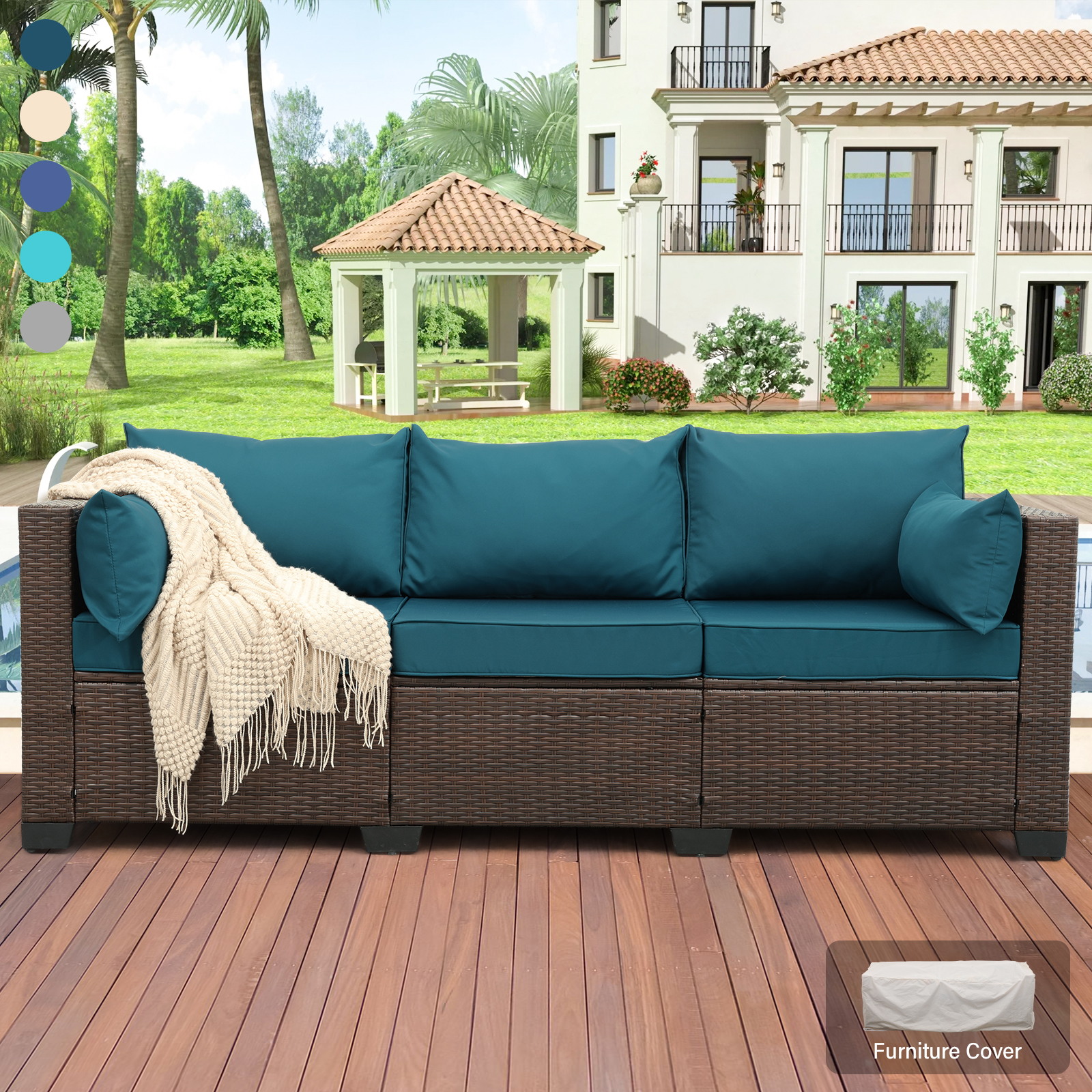 Waroom Patio 3-Seat Wicker Couch Outdoor Rattan Sofa Furniture, Peacock Blue Cushions - image 1 of 6