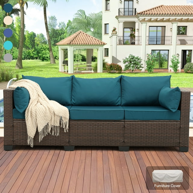 Waroom Patio 3-Seat Wicker Couch Outdoor Rattan Sofa Furniture, Peacock Blue Cushions