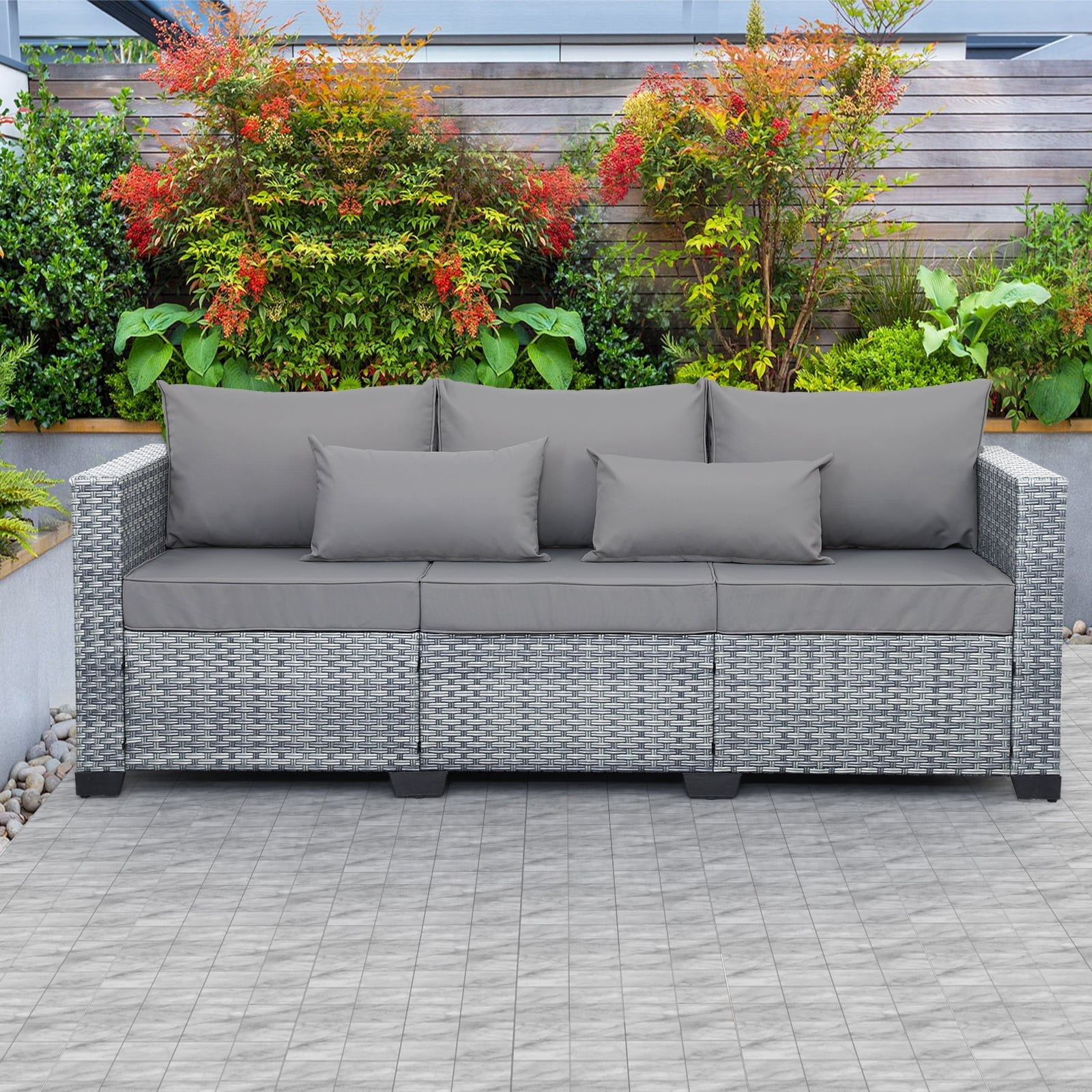 Waroom Patio Couch Outdoor 3 Seater Sofa Deep Seat Gray Wicker With