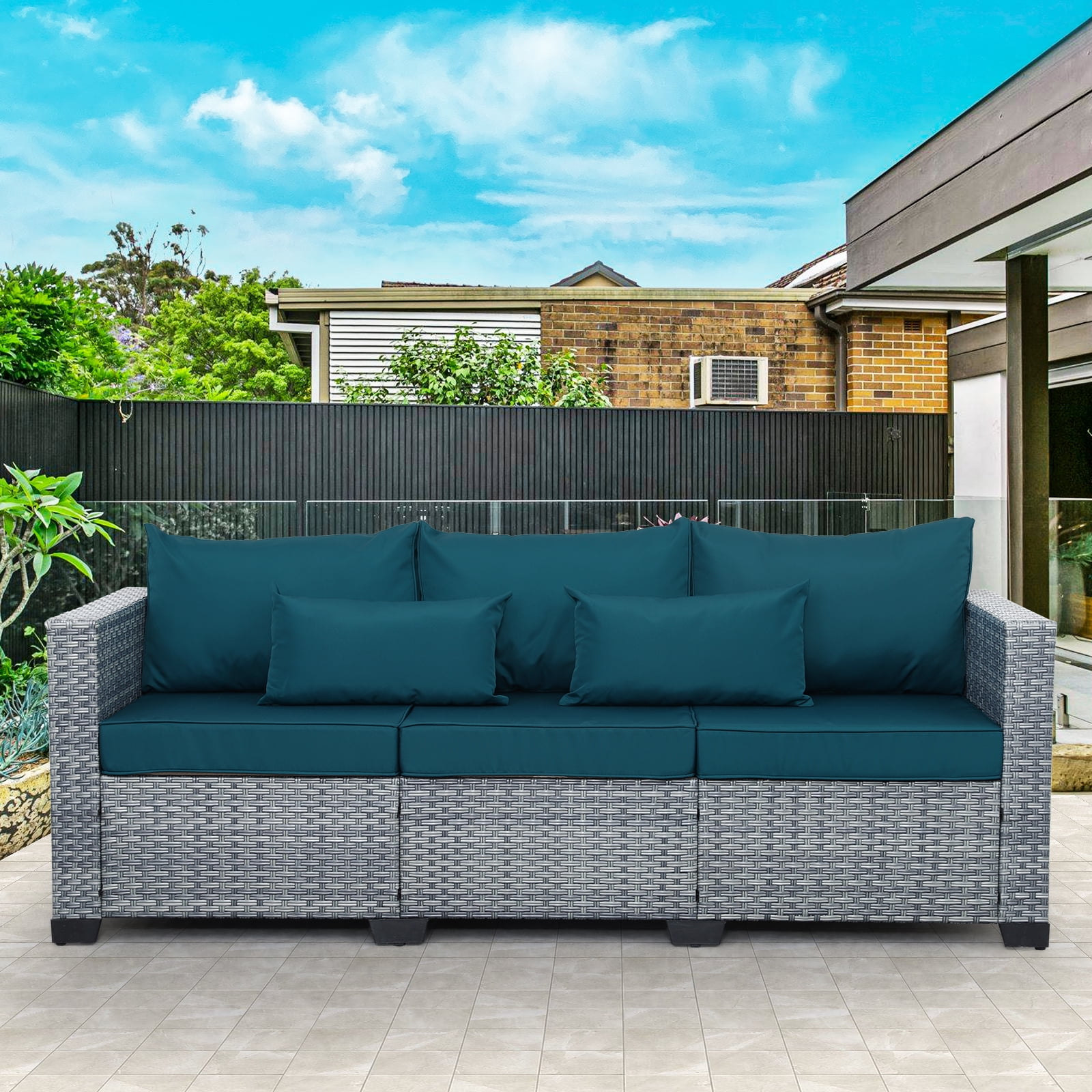 Waroom Patio Couch Outdoor 3 Seater Sofa Deep Seat Gray Wicker With