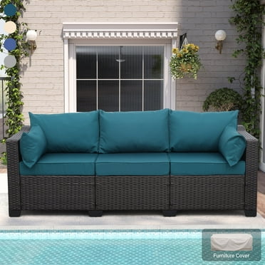 Waroom Patio Couch Outdoor 3 Seater Sofa Deep Seat Brown Wicker With Peacock Blue Cushions and Waterproof Furniture Cover