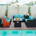 thumbnail image 1 of Waroom Patio Sectional Sofa Set of 7 Pieces with 30" Steel Gas Fire Pit Table 50000 BTU with Storage Box and Glass Coffee Table, Turquoise, 1 of 5