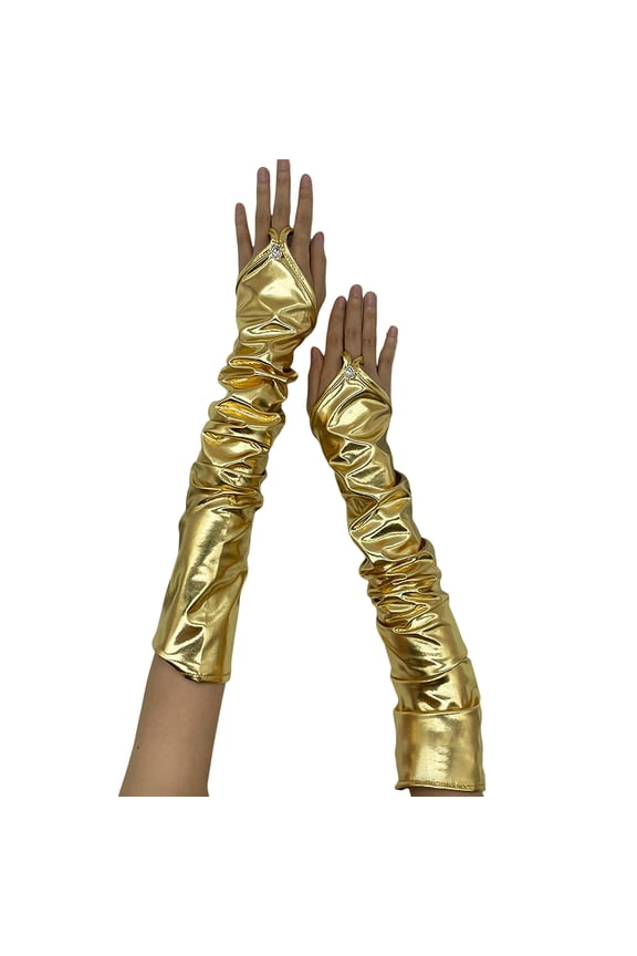 1 Pair Women Cosplay Gloves Rhinestone Decor with Finger Hoop Coated Faux Leather Nightclub Stage Performance Pole Dance Fingerless Mittens