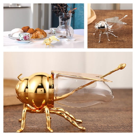 Waroomhouse 1 Set Bee Figurine with Spoon Durable Multifunction Honeybee Shape Honey Container Decoration Home Decor