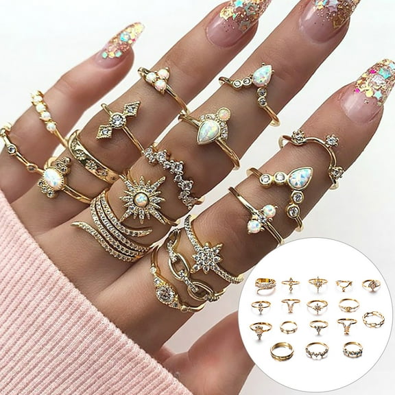 Waroomhouse 17Pcs Unique Carved Stackable Knuckle Rings Alloy Boho Ethnic Style Faux Gem Finger Rings Jewelry Accessory