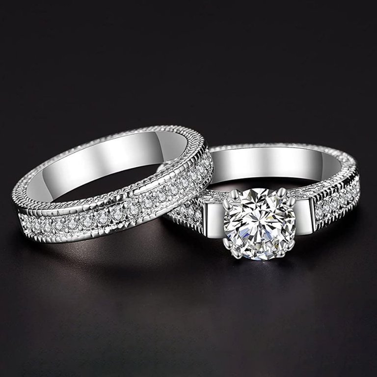 Waroomhouse 2Pcs Couple Rings Geometry Shape Cubic Zirconia Men