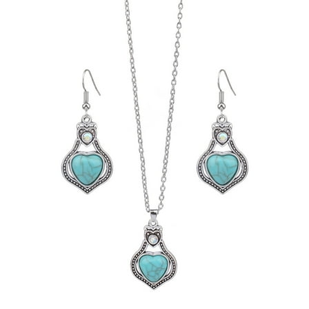 Waroomhouse 2Pcs/Set Ethnic Style Faux Turquoise Necklace Earrings Set Women Shining Rhinestones Inlaid Pendant Necklace Hook Earrings Jewelry Set