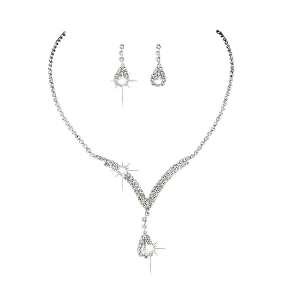 Waroomhouse 2Pcs/Set Jewelry Set Water Drop Design Shiny Rhinestones Necklace Dangle Earrings Set Luxurious Sparkling Necklace Earrings Set